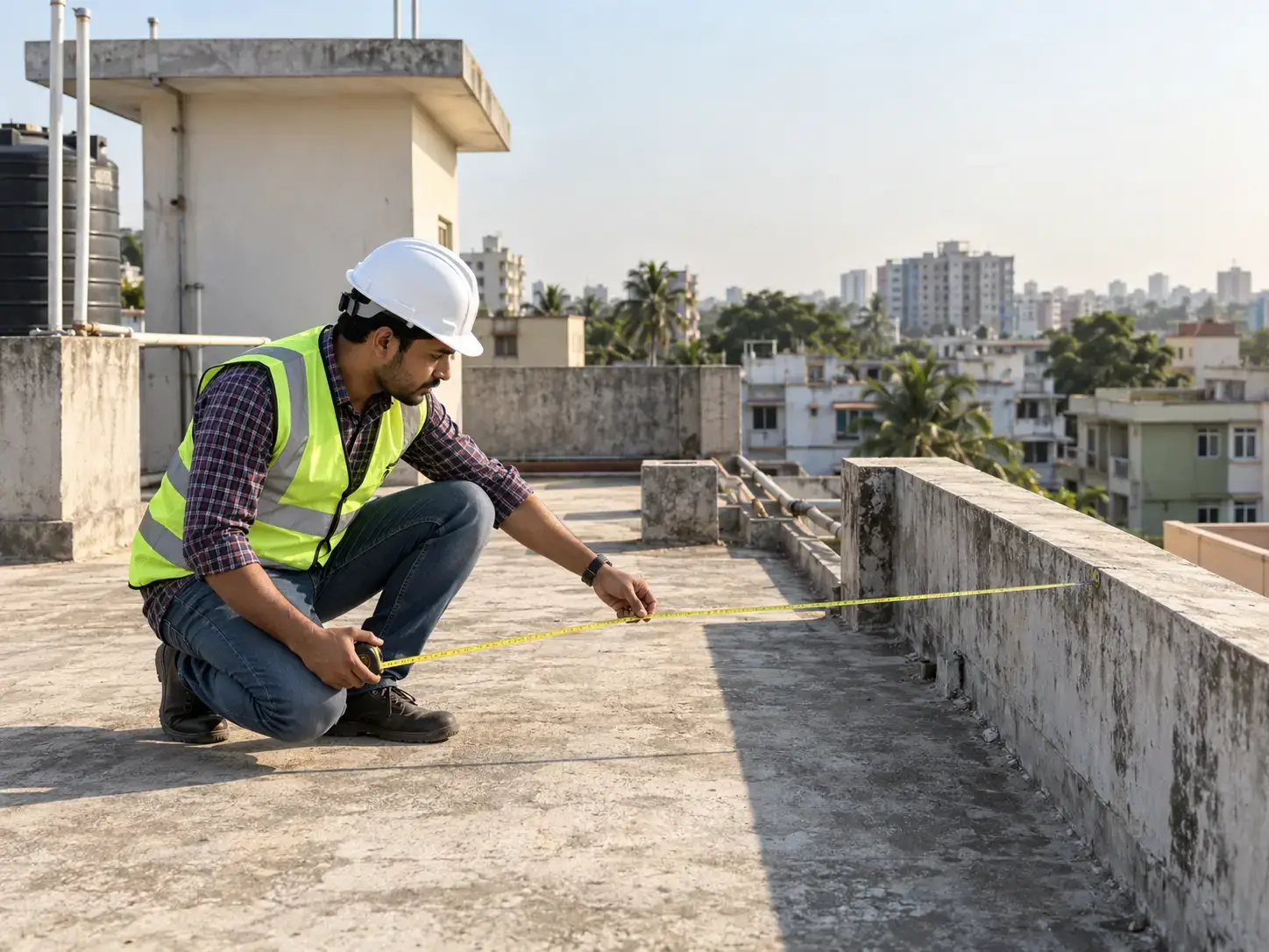 An engineer measuring a flat rooftop during a solar site assessment