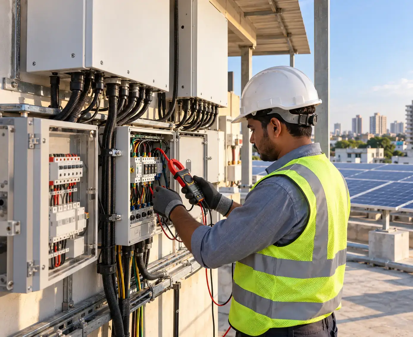 A solar technician inspecting rooftop electrical equipment with a handheld meter