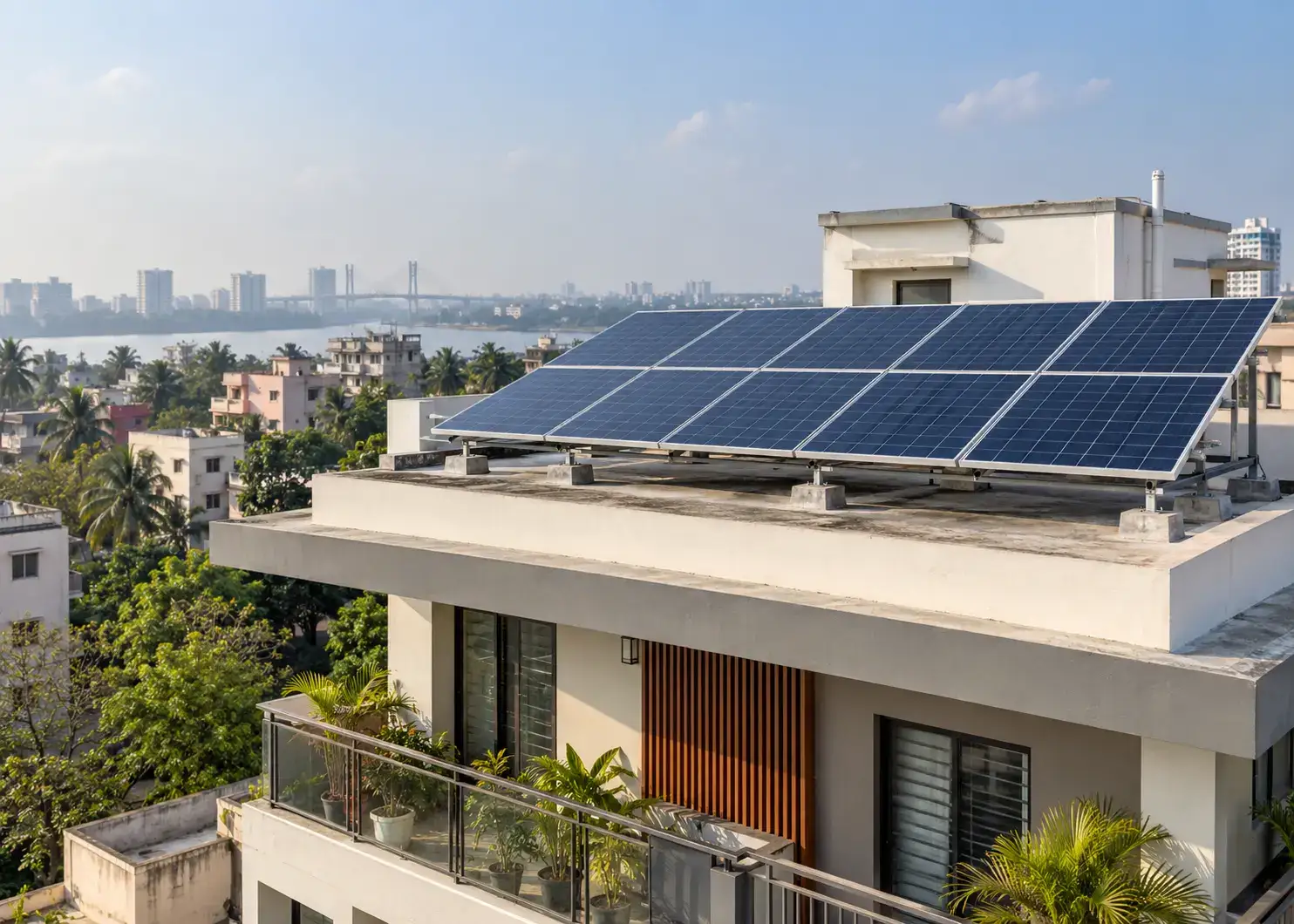 Rooftop solar panels above a home with a planted balcony and city views